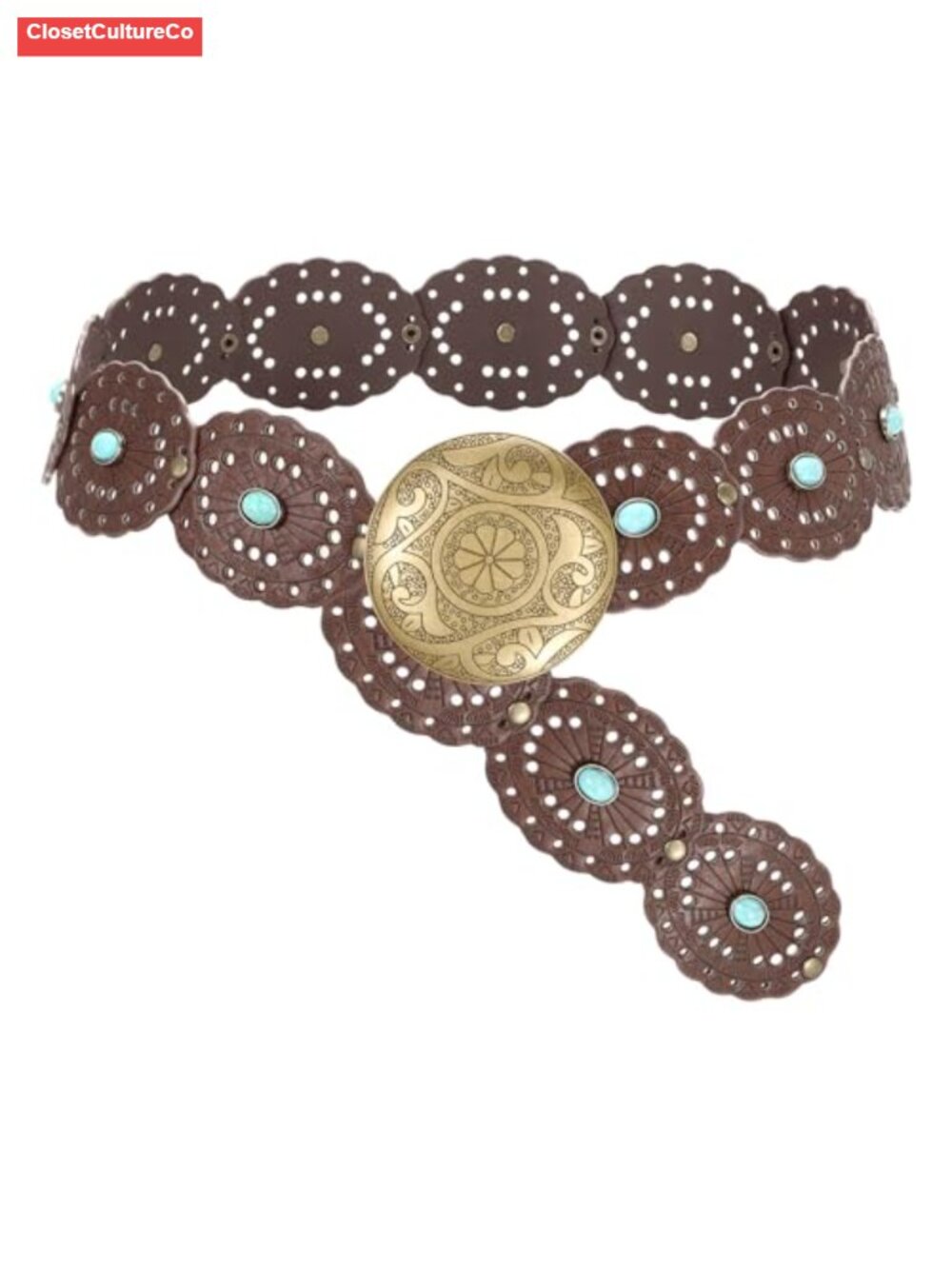 Wide Western Disc Belt Turquoise PU Leather Boho Country Cowgirl Jeans Dress